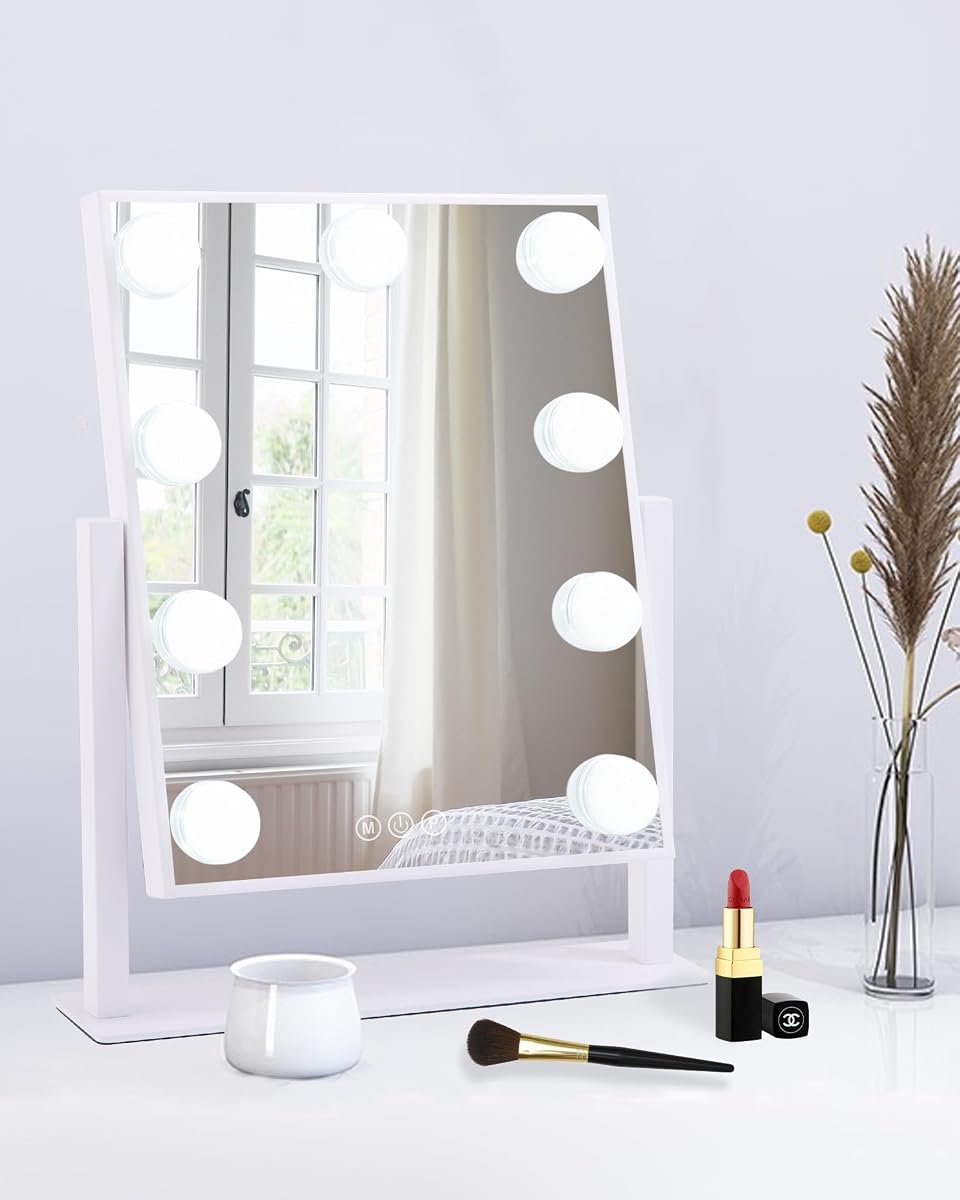 BWLLNI Espejo de maquillaje iluminado, espejo de tocador blanco con luces, 9 bombillas LED | Diseño de control táctil de espejo Hollywood, bombillas LED regulables de 3 colores, aumento desmontable de 10X, rotación de 360°, 12" de largo x 14" de ancho