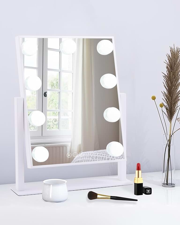 BWLLNI Lighted Makeup Mirror Hollywood Mirror Vanity Mirror with Lights, Touch Control Design 3 Colors Dimable LED Bulbs, Detachable 10X Magnification, 360°Rotation, (White) 12
