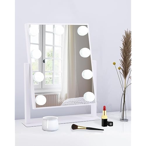 BWLLNI Lighted Makeup Mirror, White Vanity Mirror with Lights,9 LED Bulbs | Hollywood Mirror Touch Control Design 3 Colors Dimable LED Bulbs, Detachable 10X Magnification, 360°Rotation,12" L x 14" W