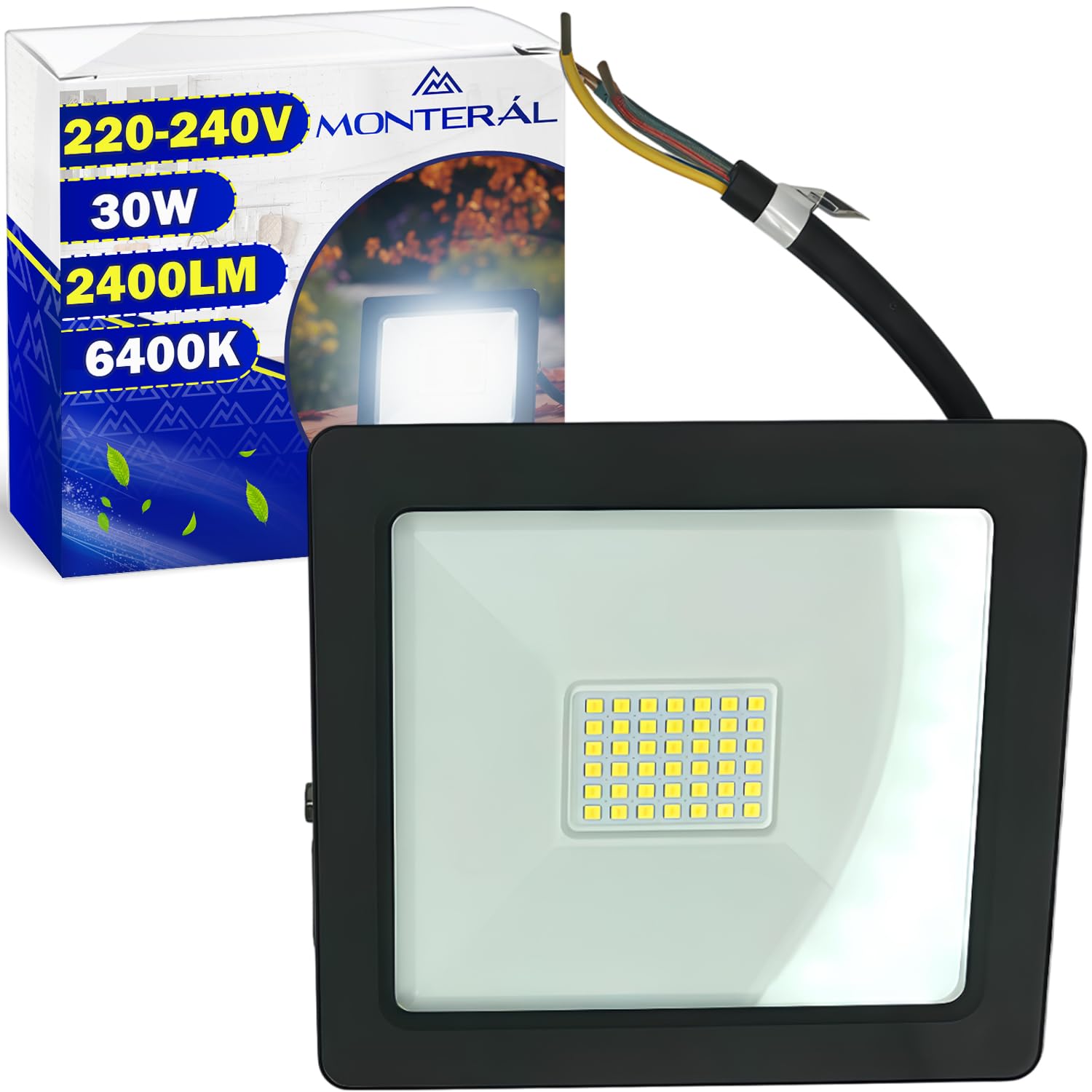 MONTERAL LED Floodlight 30W 220-240V with a Luminous Flux of 2400lm 6400K - LED Flood Lights Outdoor with Protection Class IP65 - Colour Black