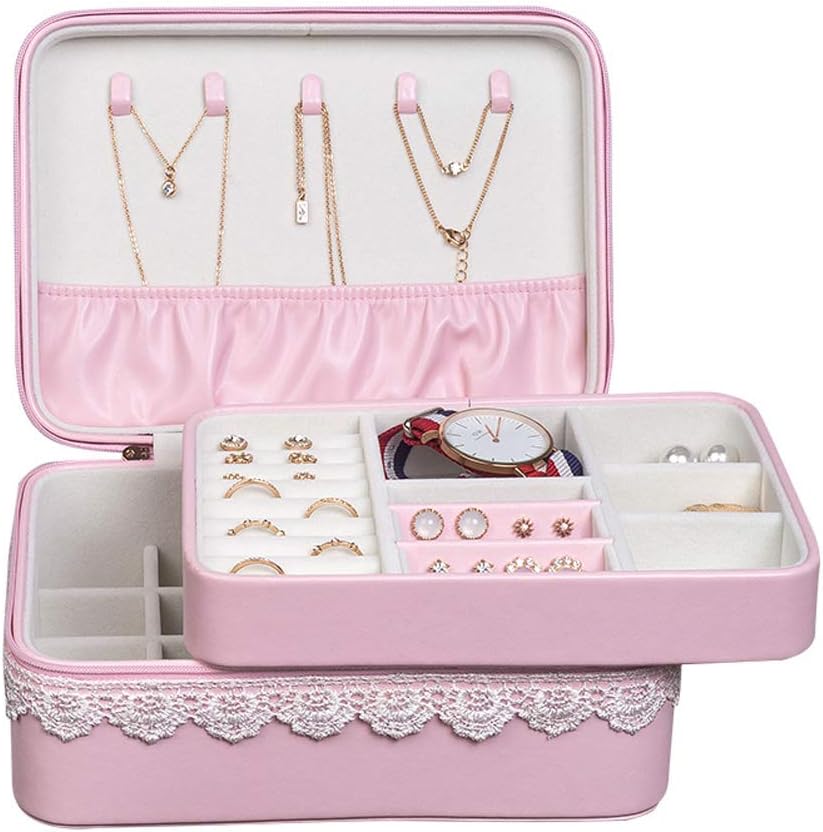 Lace Double Jewellery Storage Box for Woman High Grade PU Jewelry Box Zipper Jewelry Organizer (Pink)