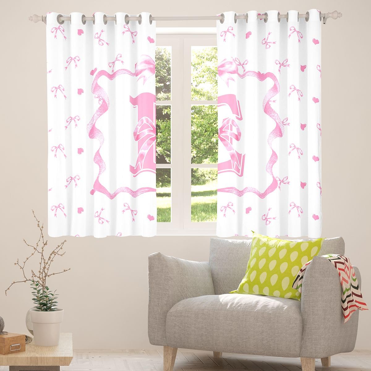 Homewish Różowy inicjał E kokarda zasłony okienne 117 x 137 cm, 2 zestawy paneli - spersonalizowane różowe kokardki zasłony zaciemniające urocza kawaii muszka zasłony okienne kokardka do