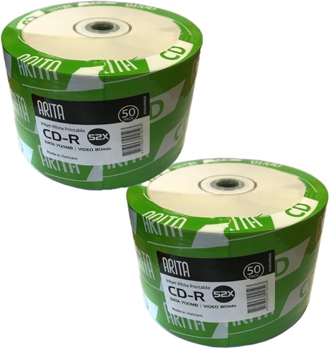 100 Genuine Arita Ritek Full Face White Inkjet Printable Blank CD CD-R Discs 52x 700MB 80 ...