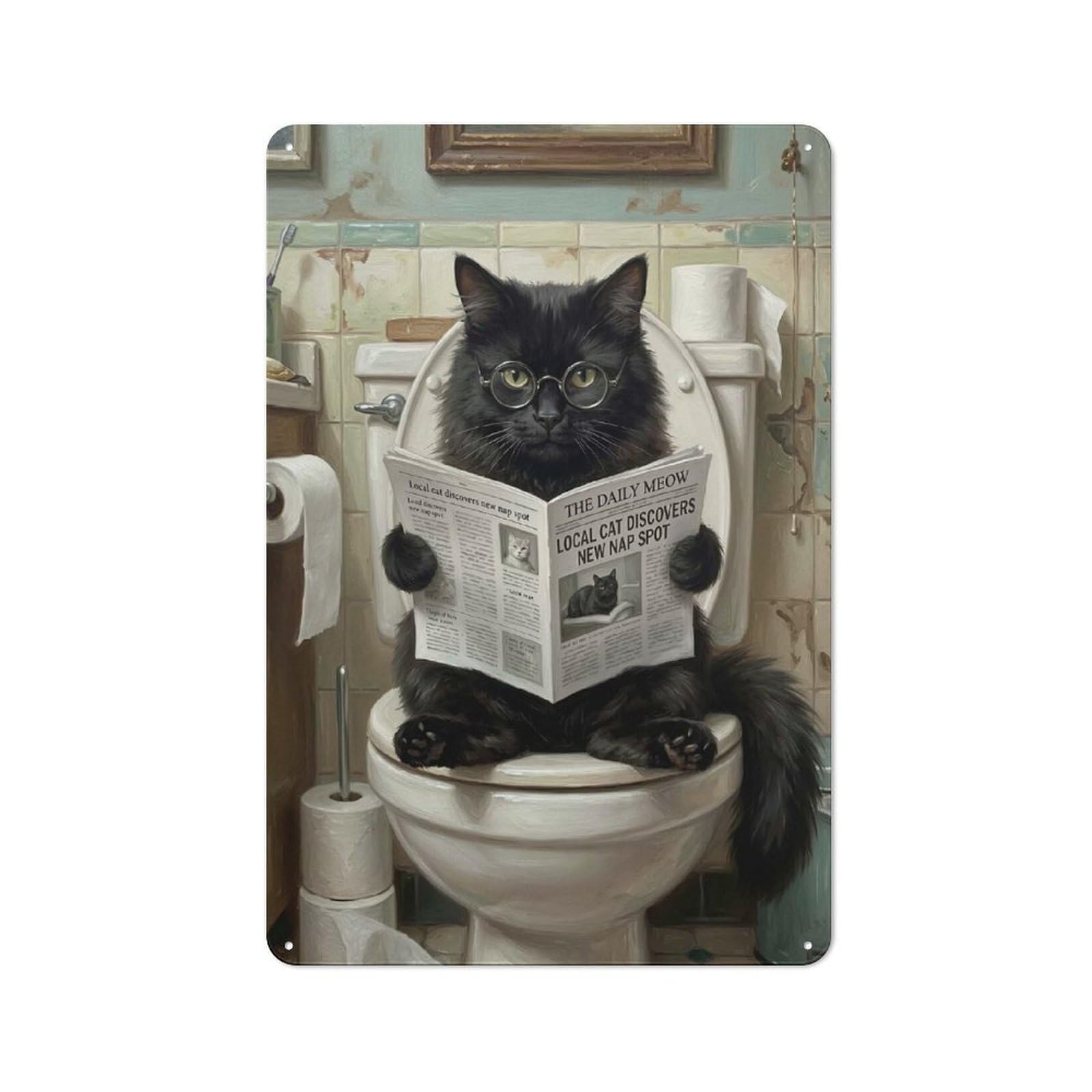 Junmoney Style-2 Cat Reading Newspaper On Toilet Metal Wall Sign 30X20cm, Retro Decor For Workshop Wall, For Garage, Workshop And Man Cave Decoration