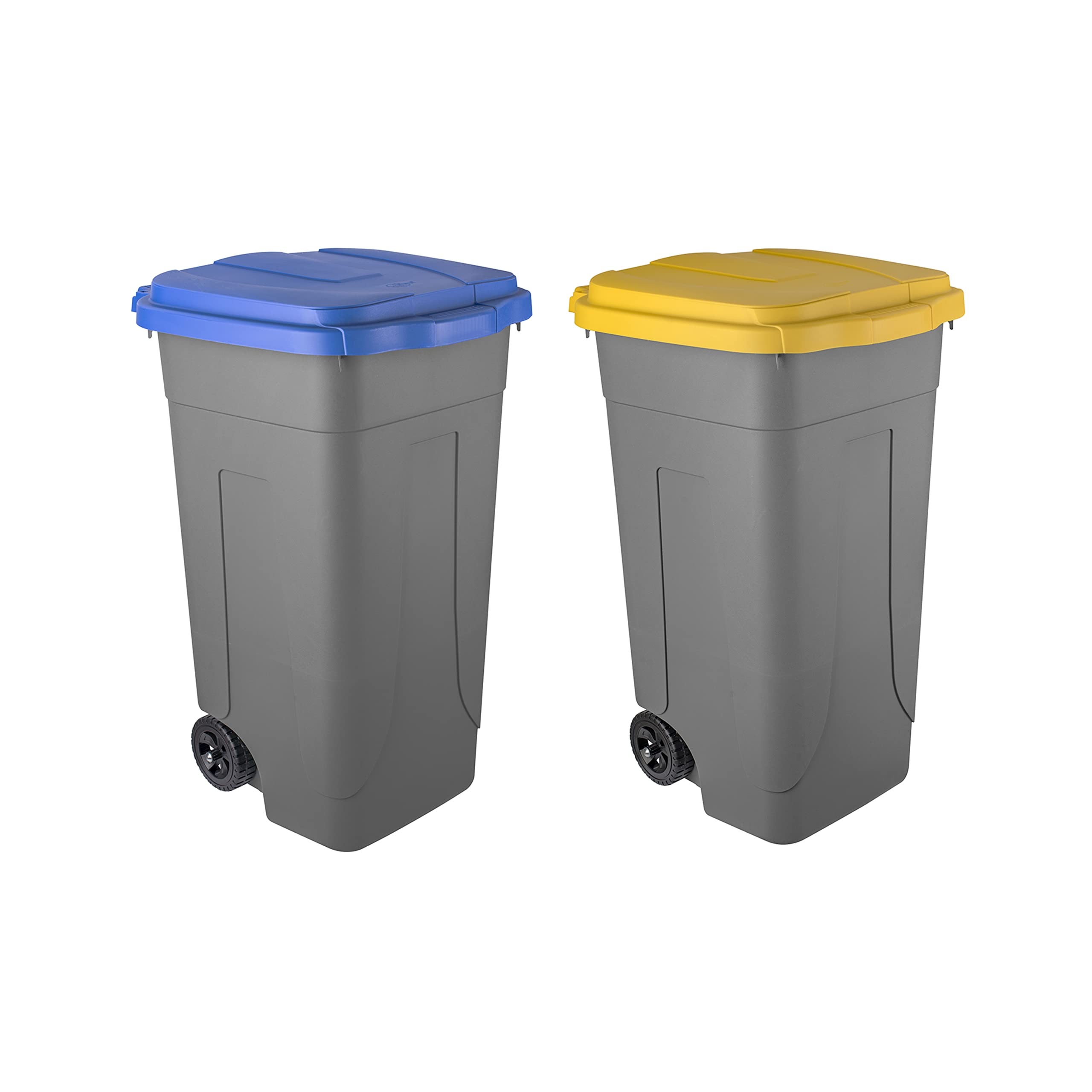Eplastic - Set 2 Bidoni Raccolta Differenziata 80L | Contenitori Rifiuti con Coperchi Colorati (Blu e Giallo) | Pattumiere Ecologiche per Casa e Ufficio - Corpo Grigio Resistente