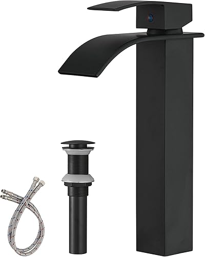 BWE Grifo de lavabo moderno de cascada negro mate de un solo agujero, grifo de baño de una sola manija con drenaje desplegable sin desbordamiento,