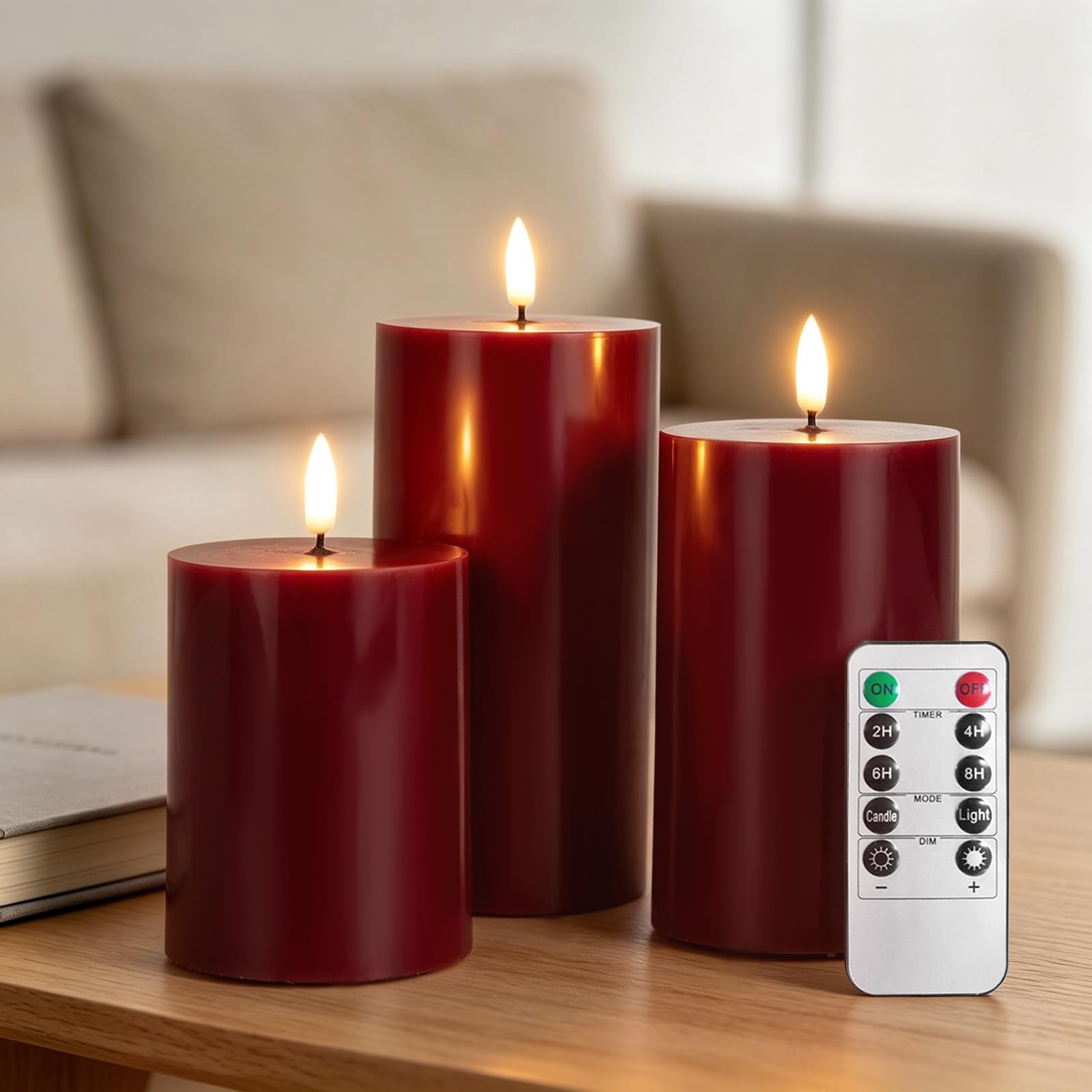 RosMank 3 Set LED Candles, Indoor & Outdoor Candles with 10-Key Remote Timer Control, Flameless, with Flickering Flame, Smooth Real Wax, Decoration for Christmas, Birthday, Wedding, Party, Red