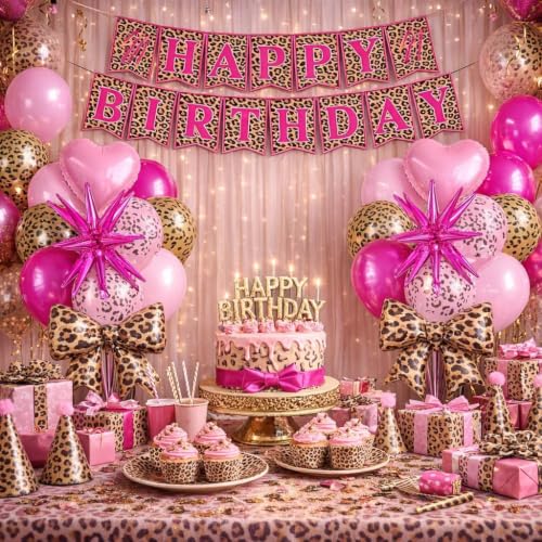 Image of 25Pcs Pink Cheetah Birthday Decorations, Pink Gold Cheetah Print Balloons
