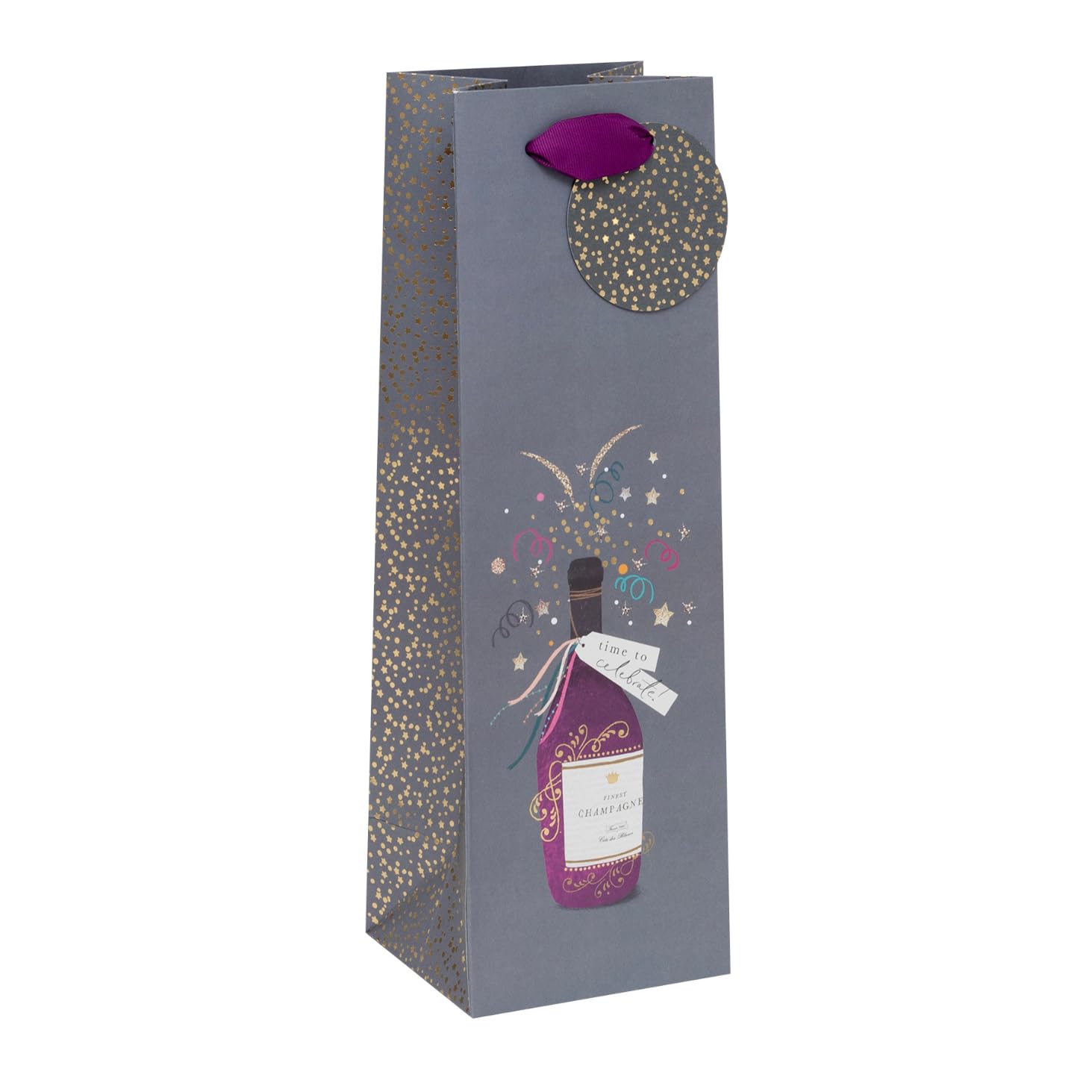 Glick Luxury Bottle Gift Bag, Congratulations or Graduation Bottle Bag, Time to Celebrate Design Gift Bag, 12.5X x 36 x 12cms, Grey & Purple