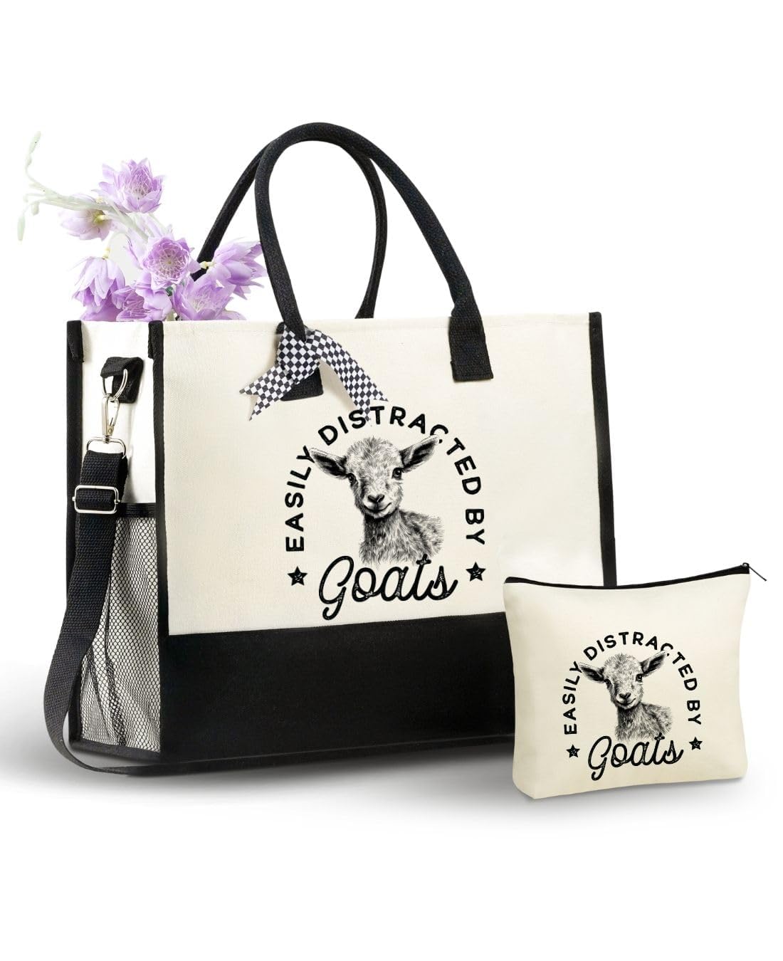 InnoBeta Goat Gifts for Women, Goat Lovers, Girls, Goats Canvas Tote Bag with Top Zipper Closure and Shoulder Strap, Farm Gifts for Birthday, Mother's