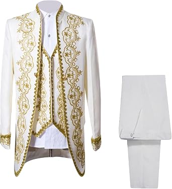 Men Court Embroidery Suits 3 Piece Casual Dress Suit Gold Prince Print Blazer Set Stylish Blazer & Vest & Pants