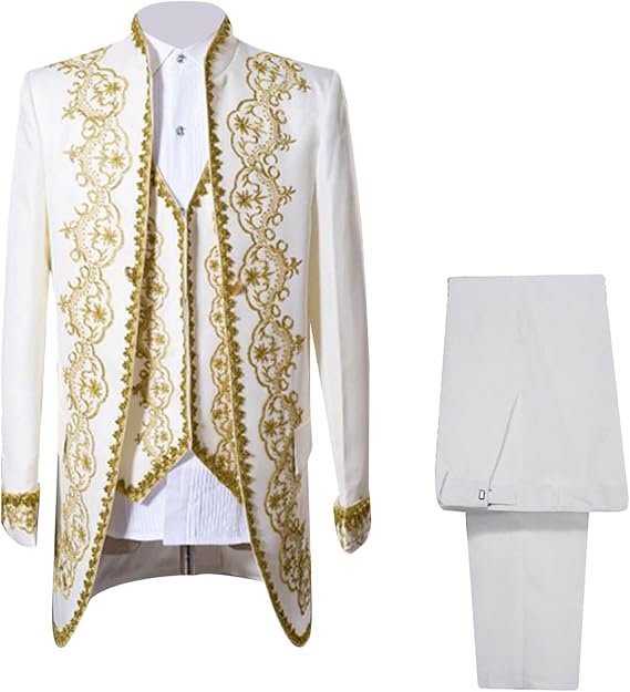 Men Court Embroidery Suits 3 Piece Casual Dress Suit Gold Prince Print Blazer Set Stylish Blazer & Vest & Pants