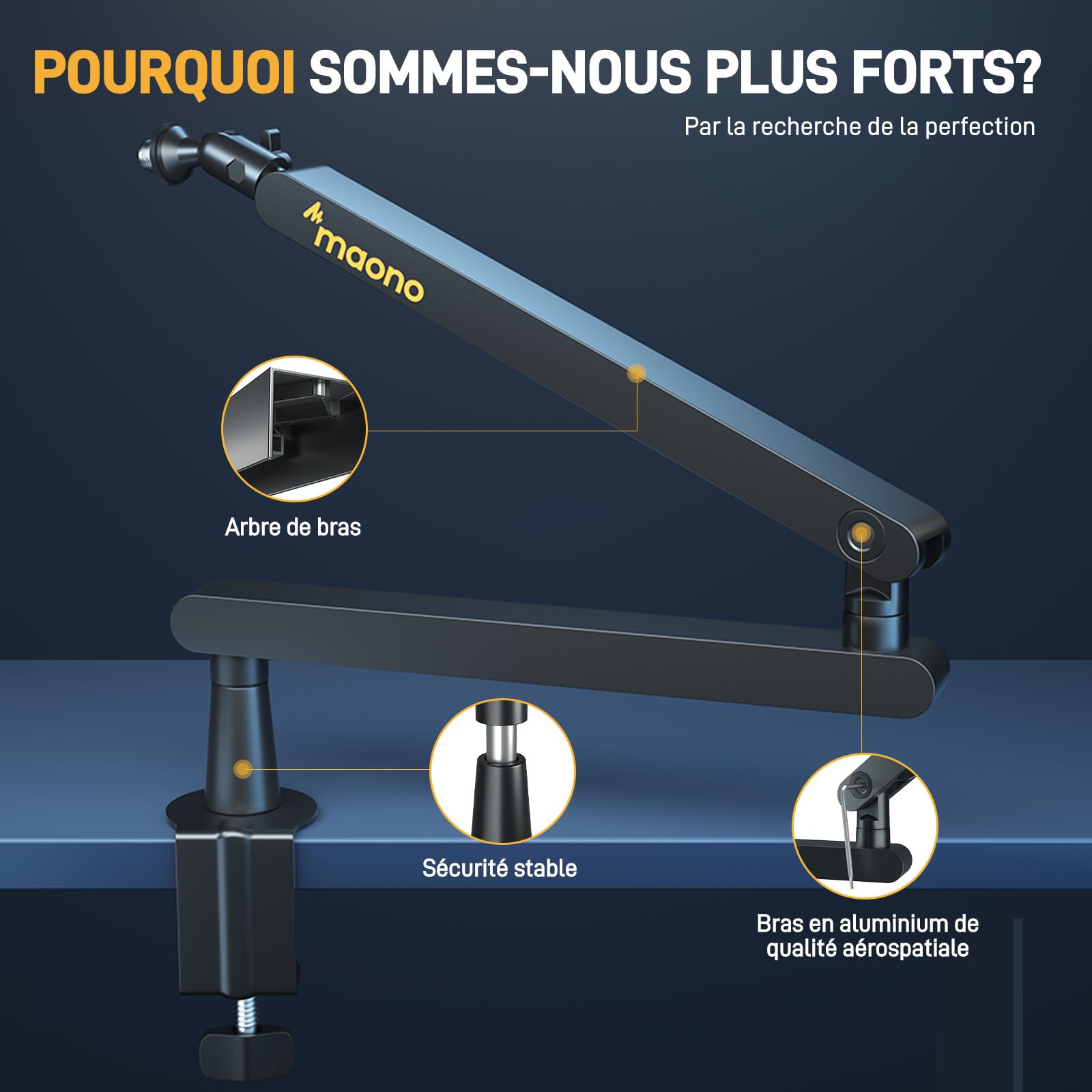 MAONO BA92 Bras micro Noir low profile avec passe-câbles intégré pour bureau organisé, réglable 360°