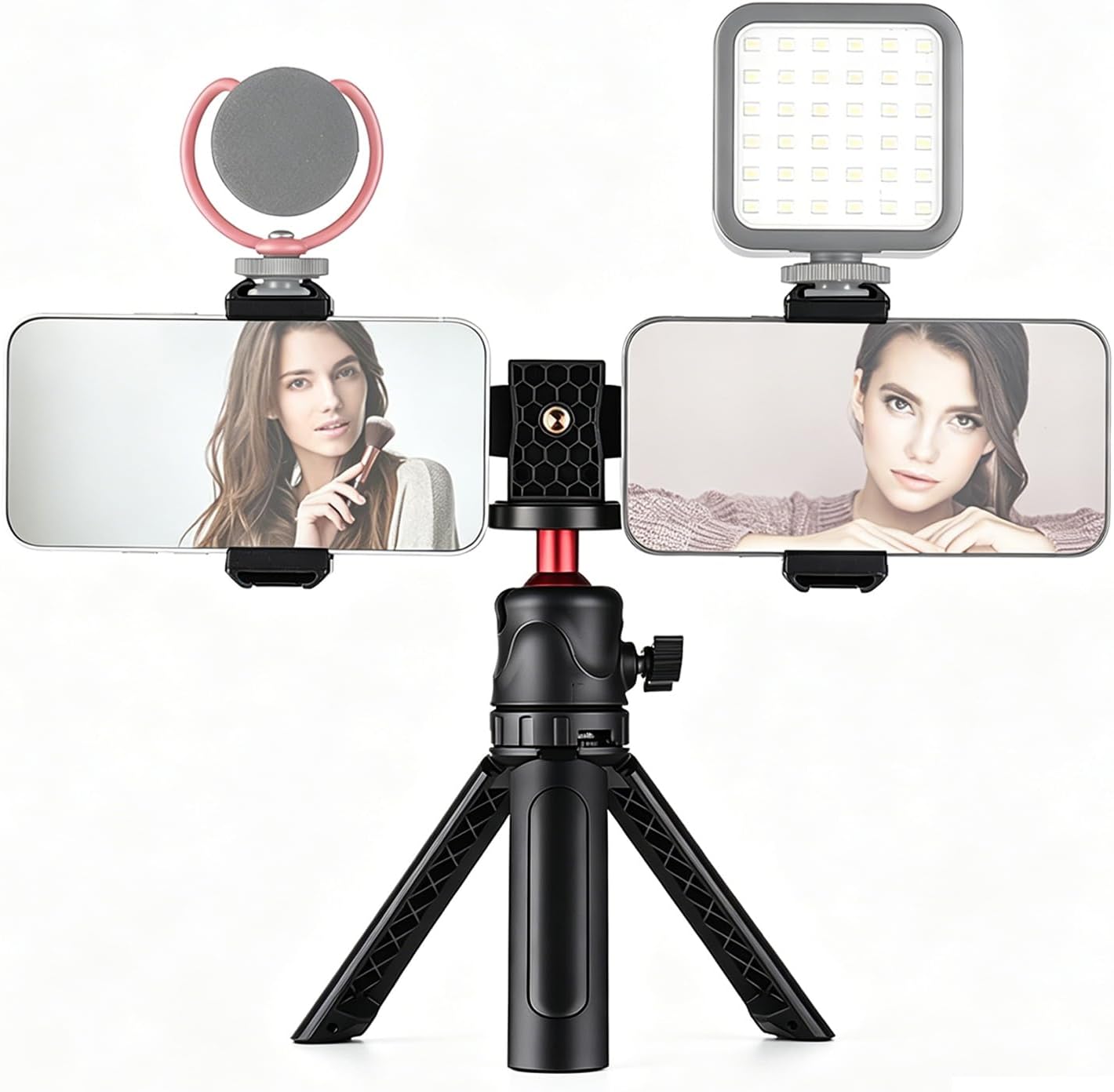 Andoer Multifunctional Smartphone Video Kit Including Universal Phone Tripod Mount with Dual Phone Holders 4 Cold Shoe Mounts + Desktop Tripod for Vlog Live Streaming Oline Video Teaching Meeting
