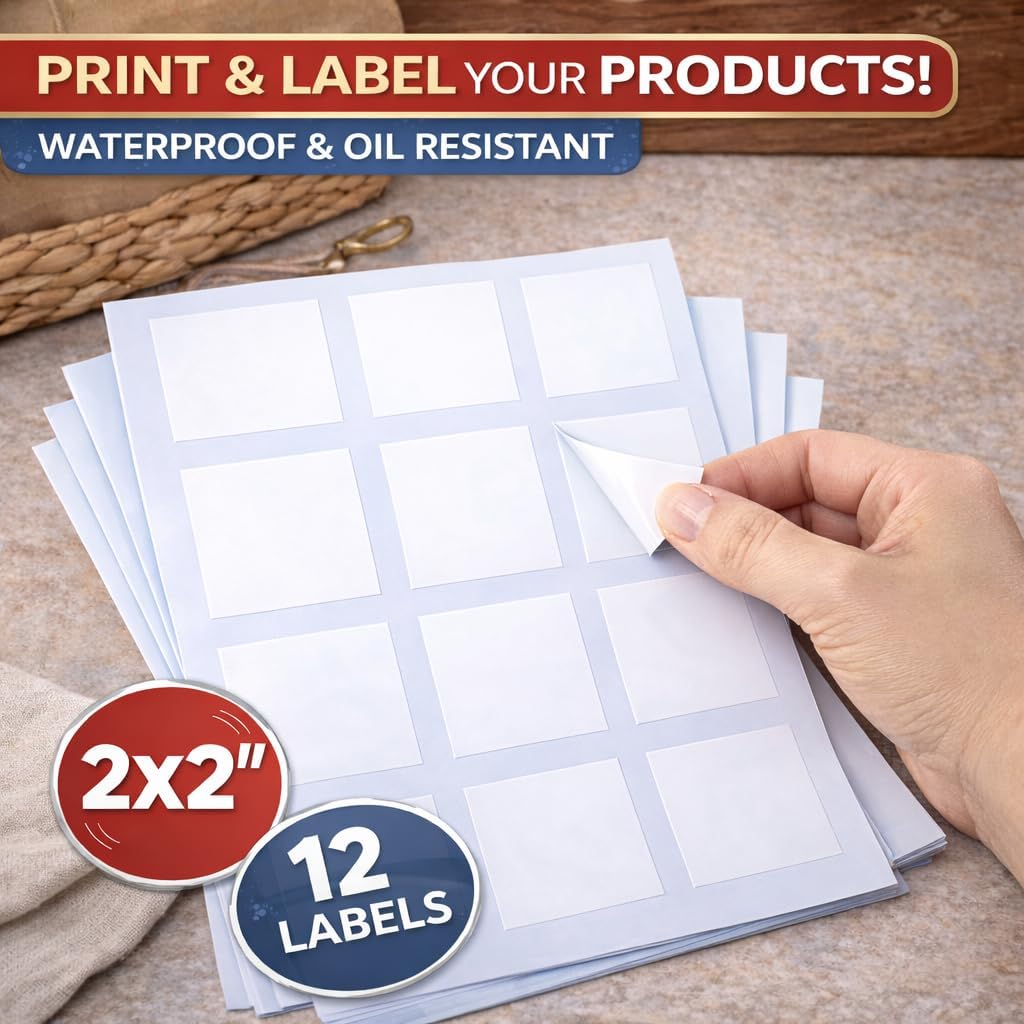 240 Pcs Square Labels 2x2 inch Printable Glossy White Waterproof Vinyl Sticker Labels for Inkjet or Laser Printer image 2