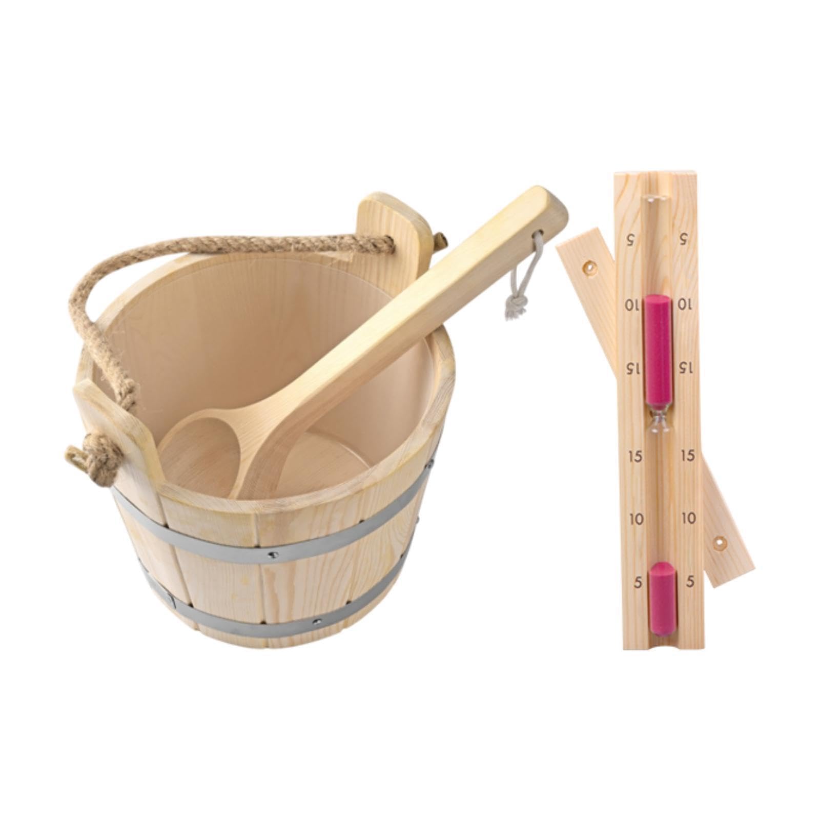 Cubo y cucharón de Para madera para sauna de 5 litros capacidad, resistente y con temporizador reloj arena. Ideal para saunas vapor. Kit accesorios portátil y resistente.
