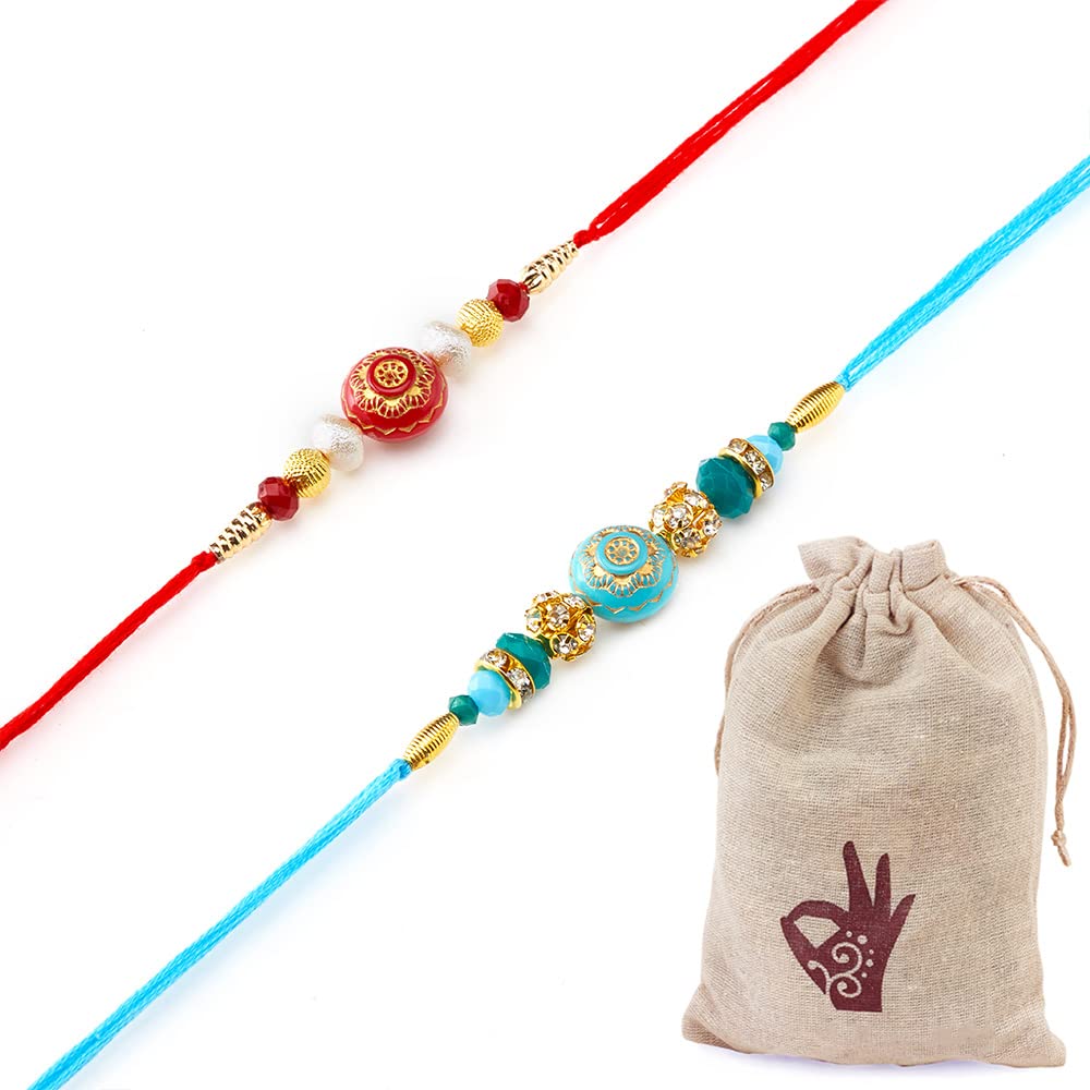 HATHKAAMHATHKAAM Set of 2 Rakhi for Brother | Designer Rakhi Bracelet Handmade Rakhi | Rakhi for Brother made with Fine Threads Coloured Beads for Indian Festival Raksha Bandhan