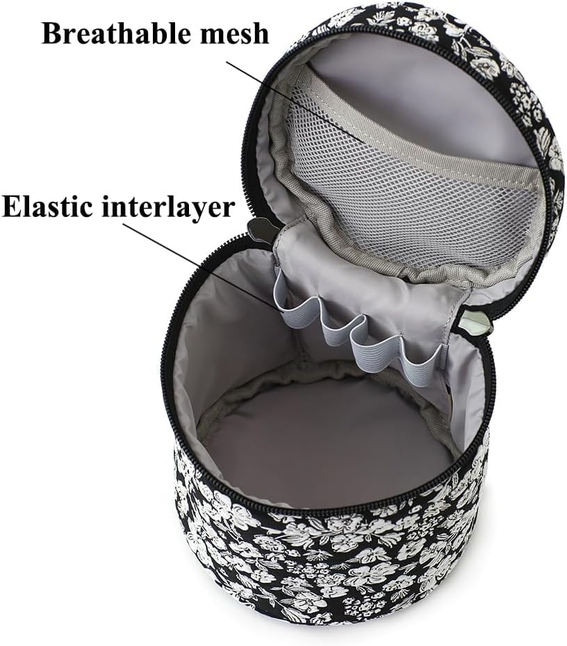 Small Makeup Bag, Cylinder Cosmetic Pouch with Handle, Black White Floral Jacquard, Portable for Purse, Boho Gift for Women - Image 3