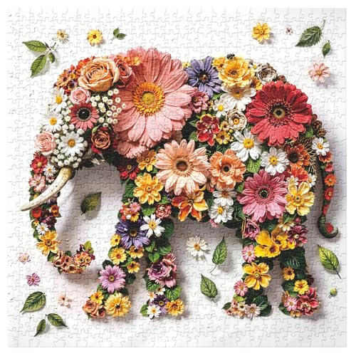 Floral Elephant Puzzles for Adults 1000 Pieces, Colorful Flower Animal Jigsaw Puzzles, Vibrant Wildflower Nature Puzzle as Home Decor