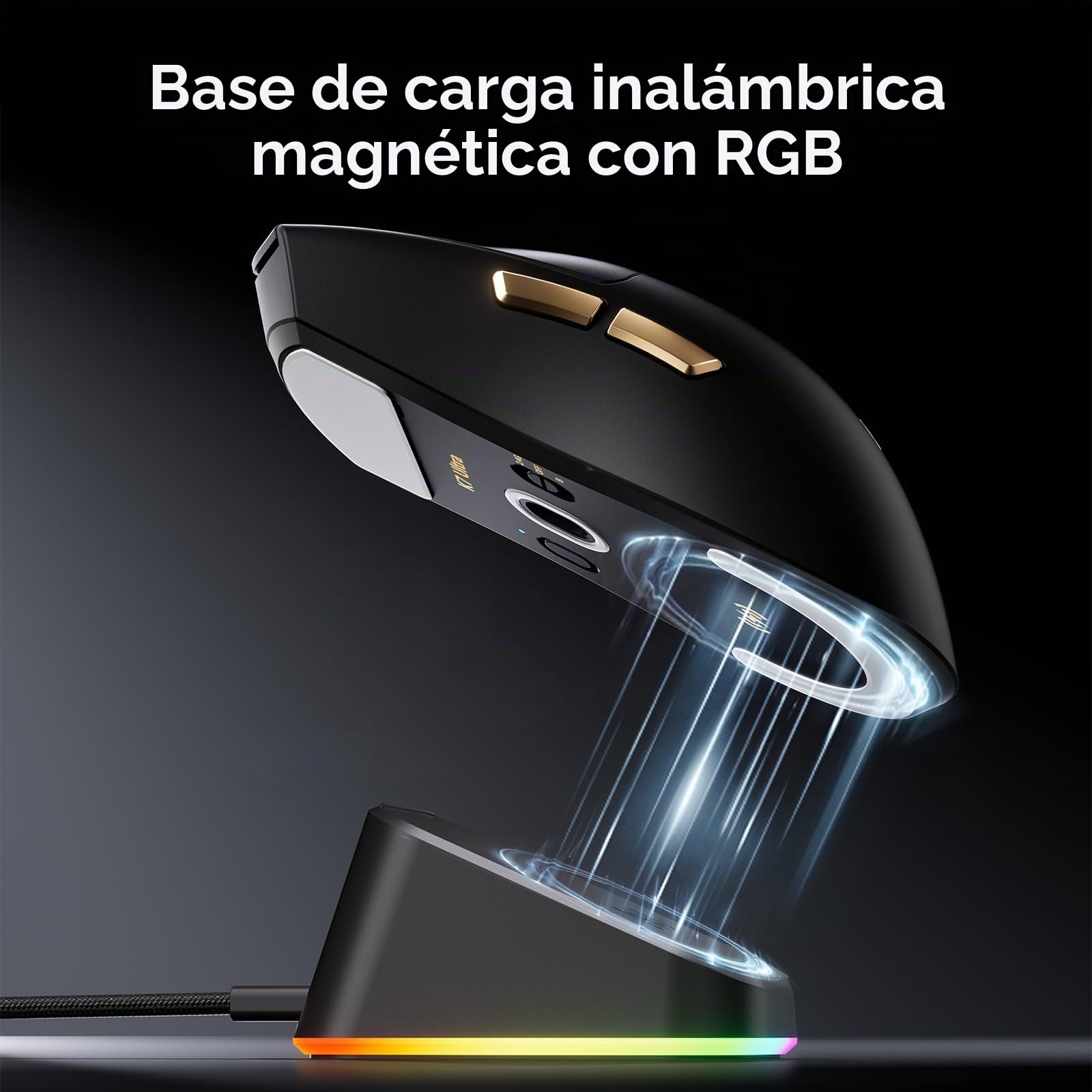 MCHOSE K7 - Ratón inalámbrico para juegos, estación de carga magnética RGB | 42000DPI, Sensor PAW3950, Dual 8K Polling, Ligero 59g, Inalámbrico BT/2.4G/Cableado, Batería 500mAh, PC/Mac, Negro-Oro