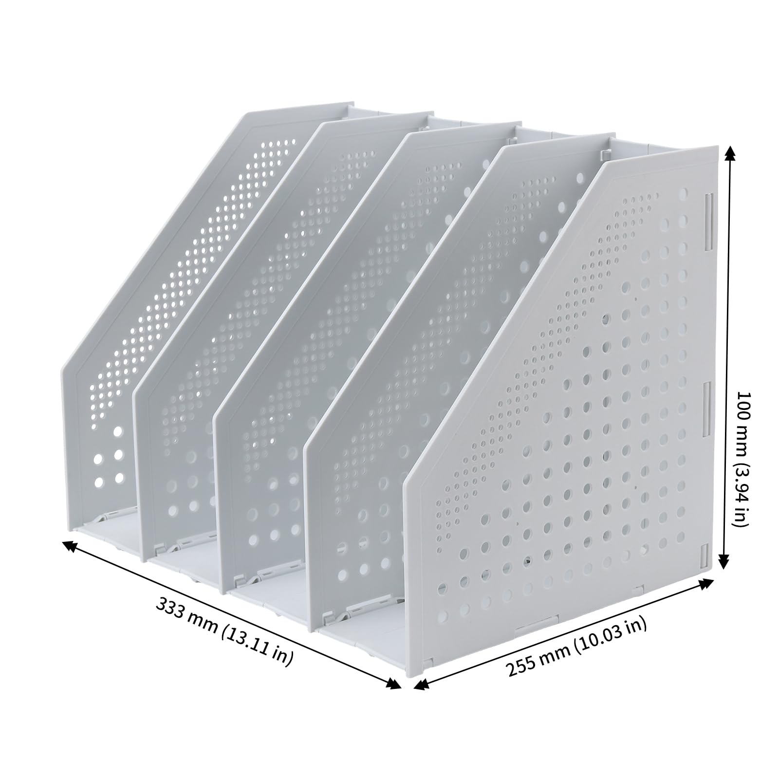 2 Stück 33,3 x 25,5 x 24,3cm Hellgrau Faltbarer Stehsammler, Zeitschriftenhalter Kunststoff mit 4 Fächer, Schreibtisch Organizer für Schreibtisch, Bücherregal und Racks