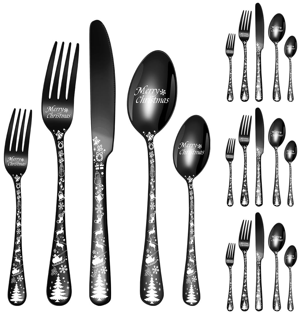 XIAOYU Weihnachtsbesteckset, 20-teiliges Besteckset, bestehend aus Gabeln, Messern und Löffeln, einzigartiges Besteckset mit Weihnachtsbaummuster für Halloween, Ostern und Weihnachten