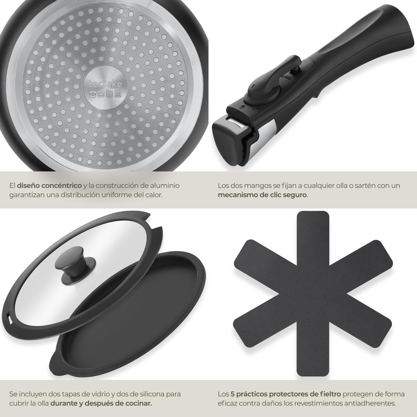 tectake® Juego de Cocina 17 Piezas, Sartenes Antiadherentes, Ollas Cocina Aptas para Inducción, Juego Sartenes con Asas Desmontables, Olla, Cacerola, Sarten - Negro