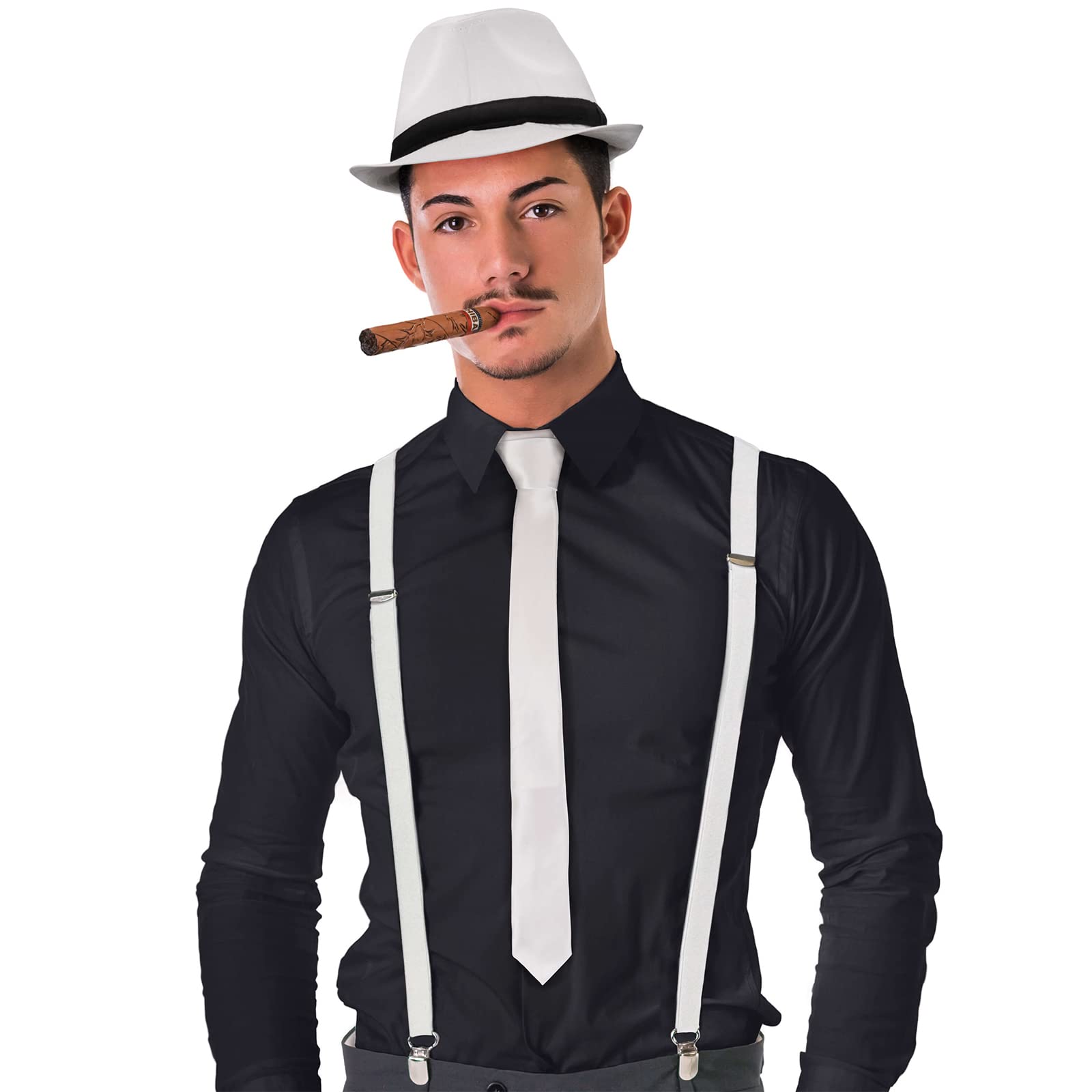 Balinco MAFIA COSTUME SET, 20s Accessories, Carnival Outfit Men, White, Cigar, Top Hat, Tie, Suspenders, Carnival, Shrovetide, Party, New Year's Eve Outfit