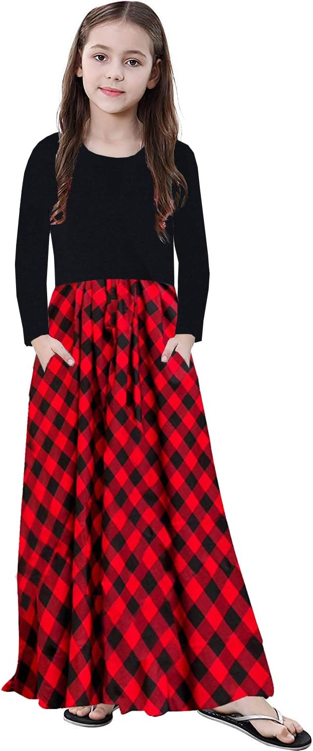 KYMIDY Girl Maxi Dress Kids Casual Buffalo Check Plaid Long Sleeve Dresses with Pockets(6-14yrs)