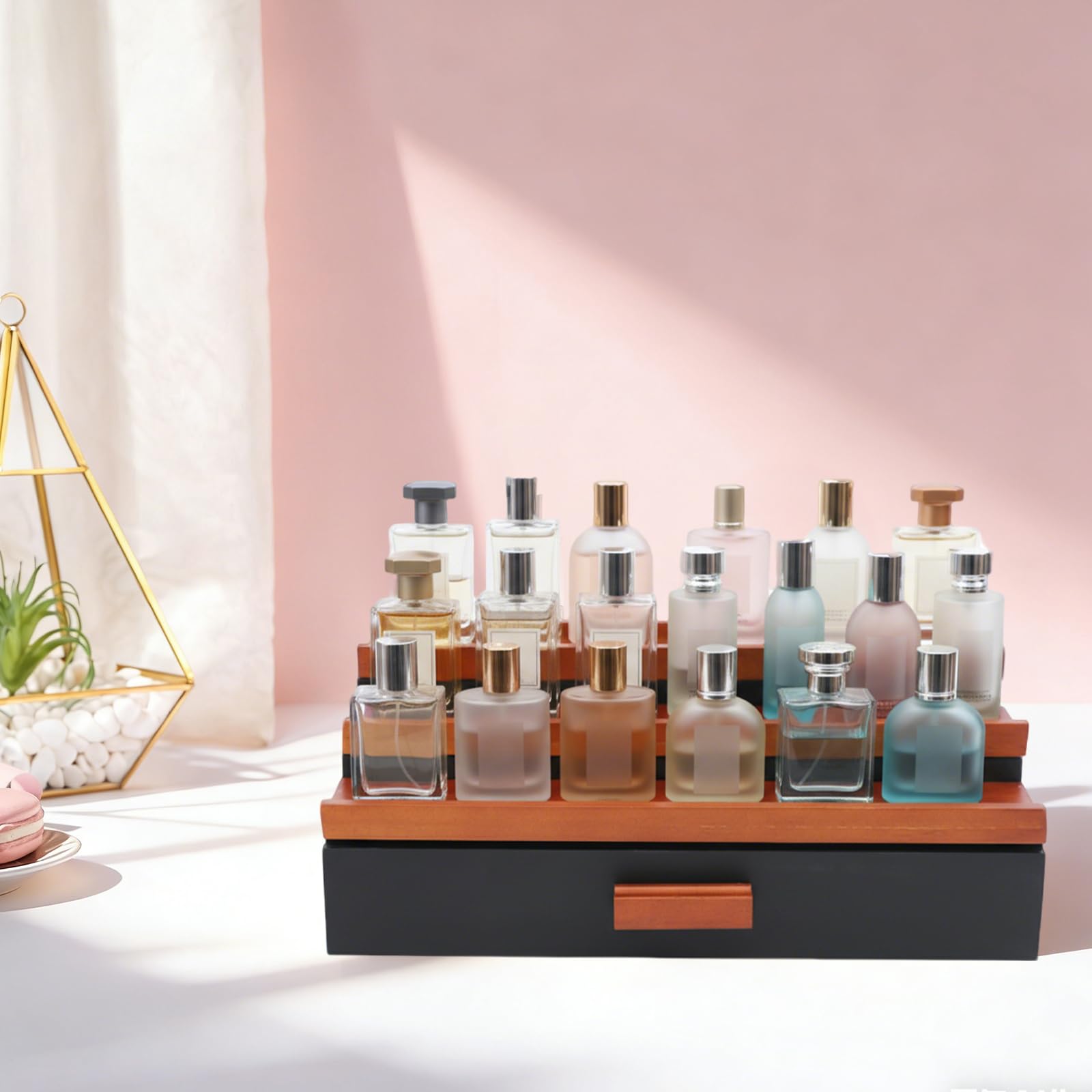 3 poziomy, drewniany organizer na perfumy z szufladą, czarny | 30 x 20 x 10 cm stopniowany stojak na perfumy pudełko do przechowywania figurek, lakierów do paznokci, kosmetyków