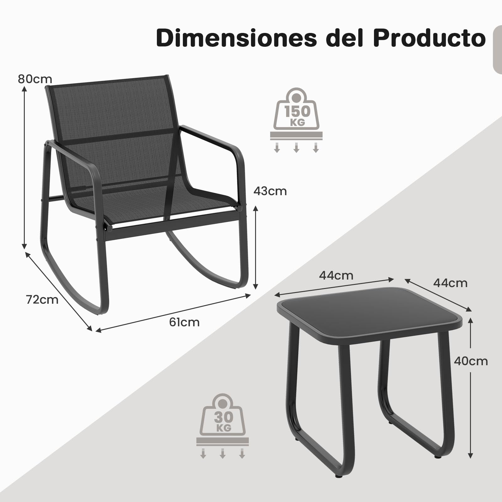 GIANTEX Juego de Bistró 3 Piezas, 2 Sillas Mecedoras de Tejido Transpirable, Mesa de Café con Tablero de Vidrio, Estructura de Metal, para 2 Personas, Conjunto de Muebles para Patio, Jardín (Negro)