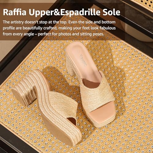 Image of Yavero Espadrille Platform Sandals For Women Raffia Chunky Heels Open Toe Bohemia Sandals for Vacation,Beach