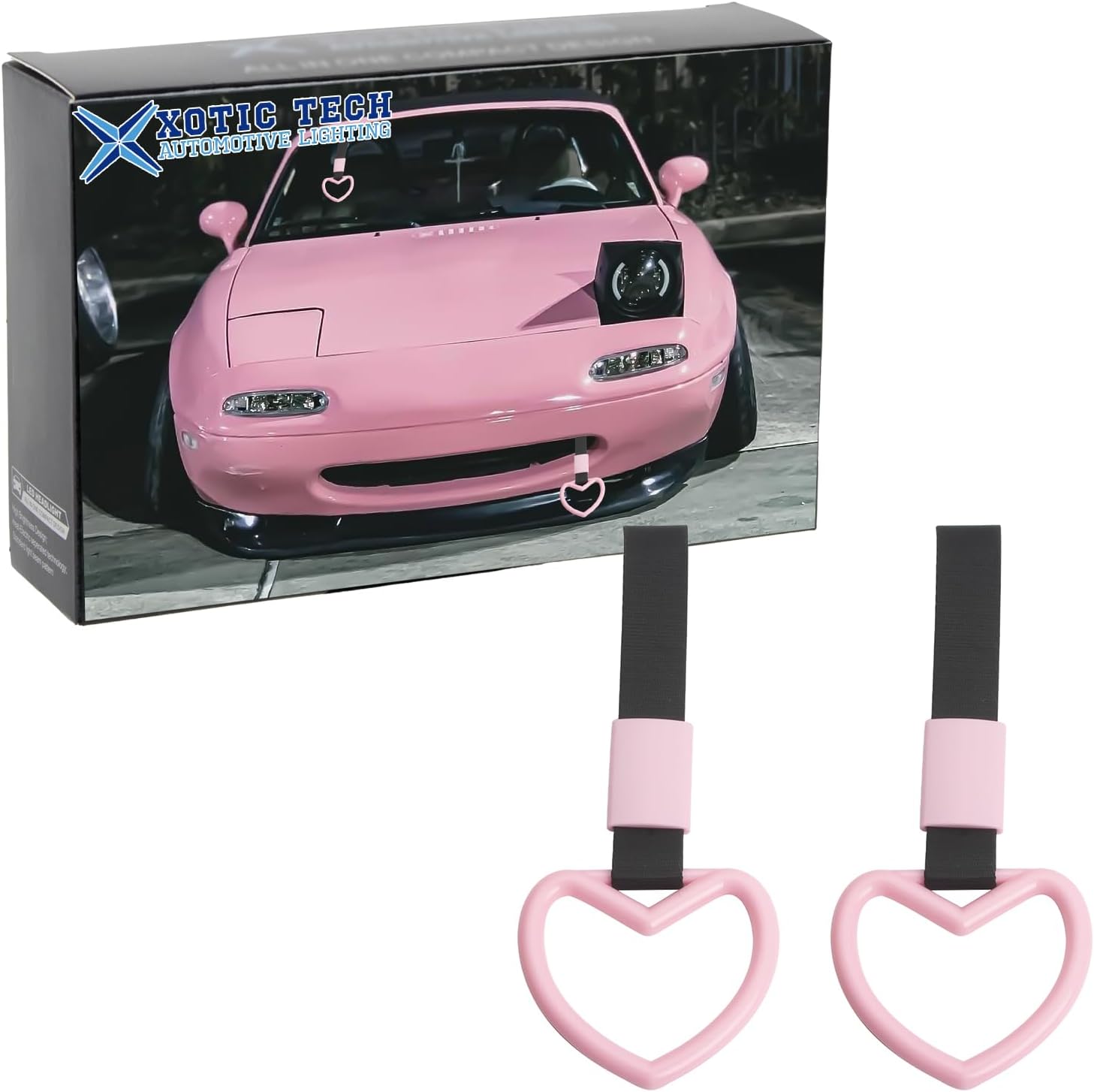 x xotic tech 2 Pieces JDM Heart Shaped Tsurikawa Subway Train Bus Handle Straps Drift Charm Rear Bumper Warning Loops Ring for Cars, SUV Interior Exterior Decoration (Pink)