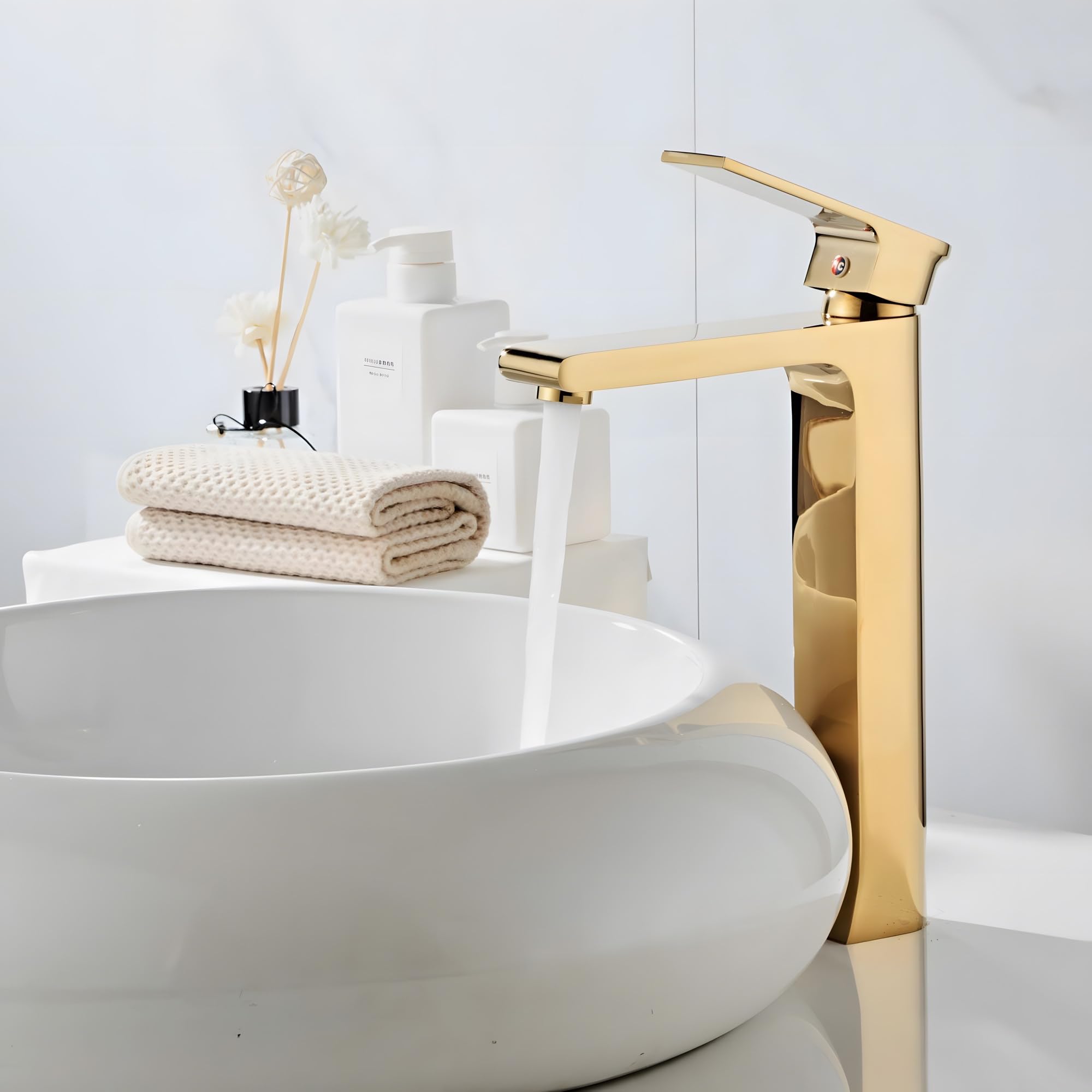 24x7 eMall Gold Basin Tap Faucet Mixer for Bathroom Toilet Wash Basins Hot and Cold Water, Golden Colour, Brass, Square 12 Inch Height