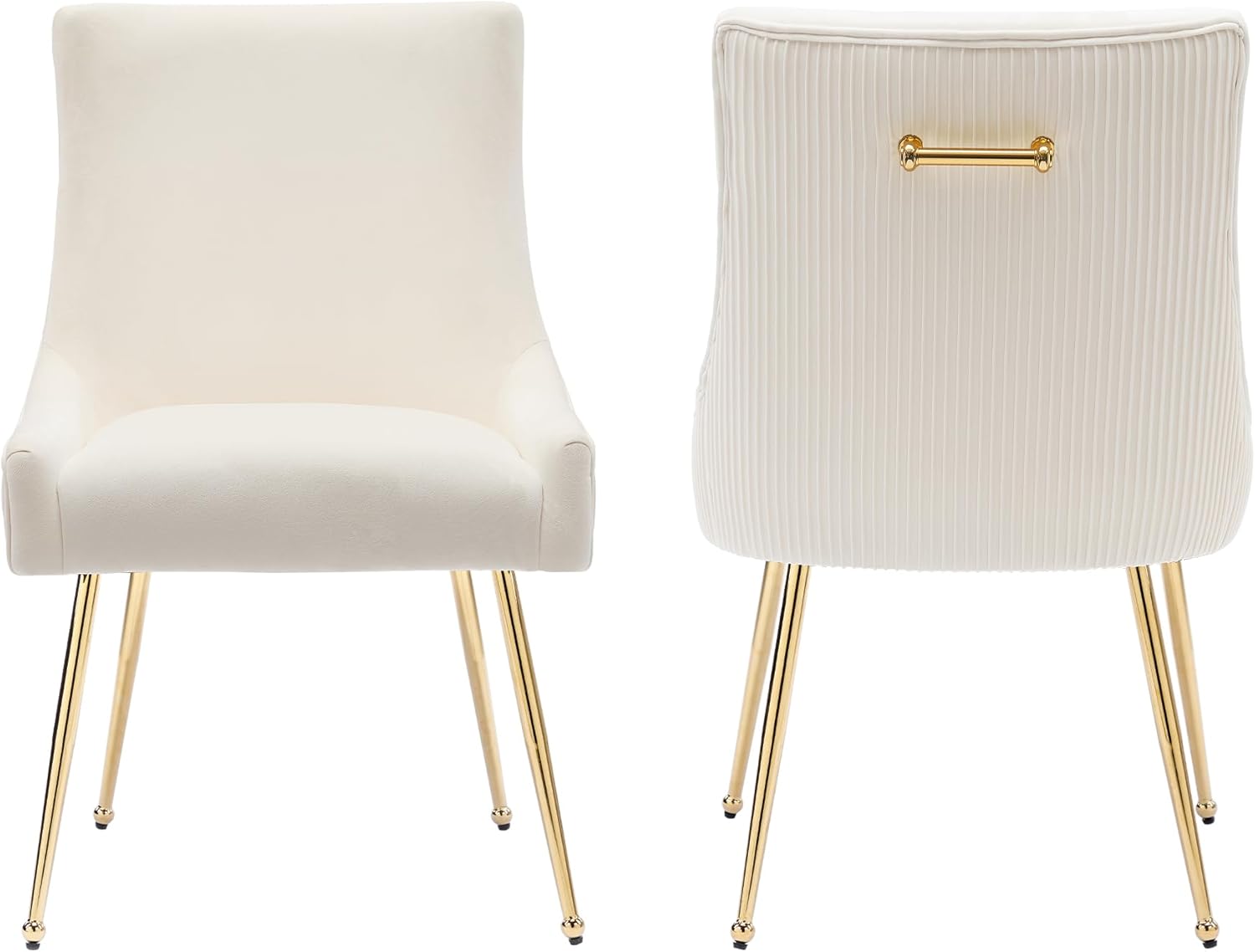 adochr Velvet Dining Chairs Set of 2, Modern Upholstered Kitchen Chair with Pull Handle & Pleated Back, Mid Century Accent Chair with Gold Metal Legs for Vanity,Dining,Kitchen,Living Room, Beige