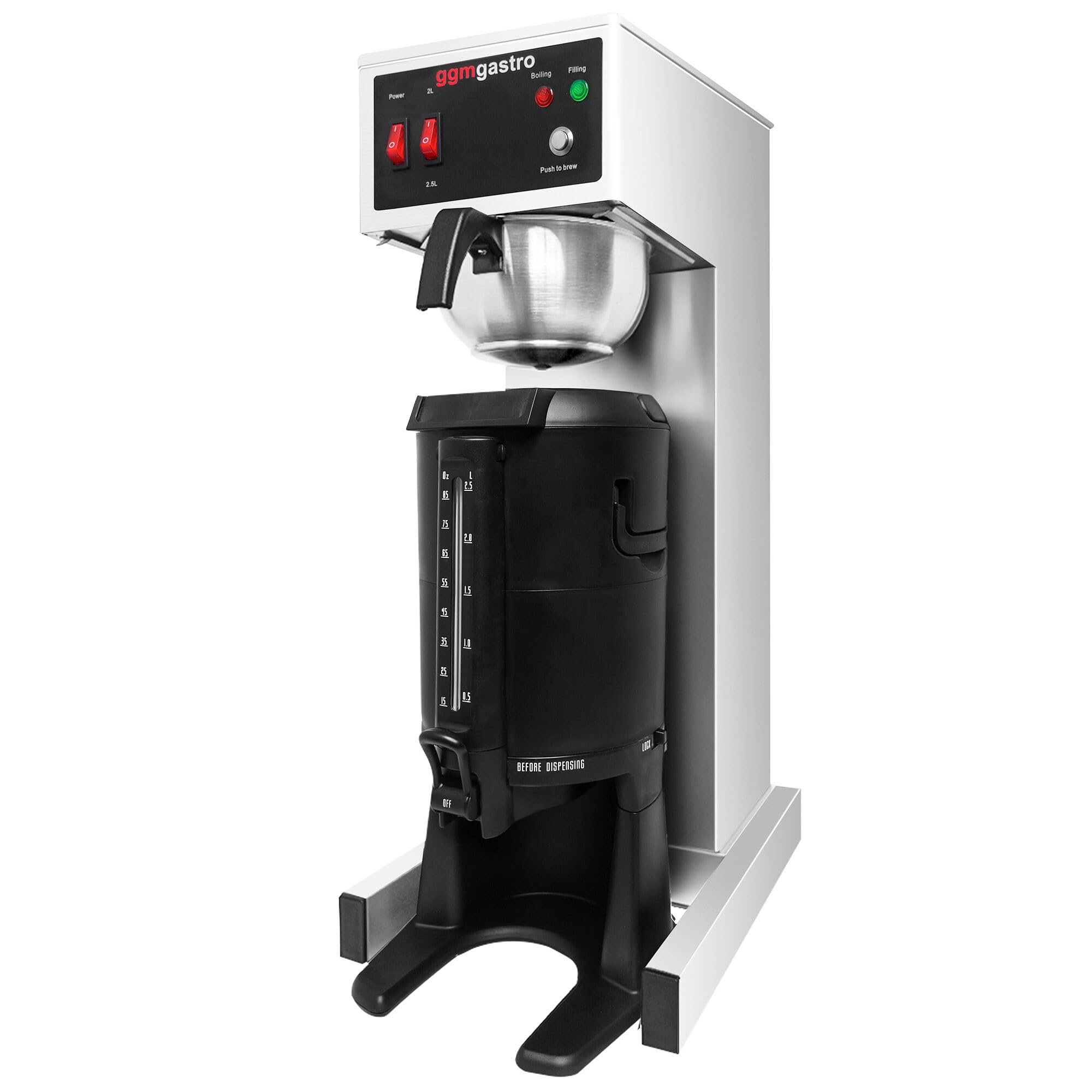 GGM Gastro Filterkaffeemaschine 2,5 L mit Wasseranschluss | Automatischer Festwasseranschluss, hohe Stundenleistung für Gastronomie, Edelstahlgehäuse, zeiteffiziente Reinigung