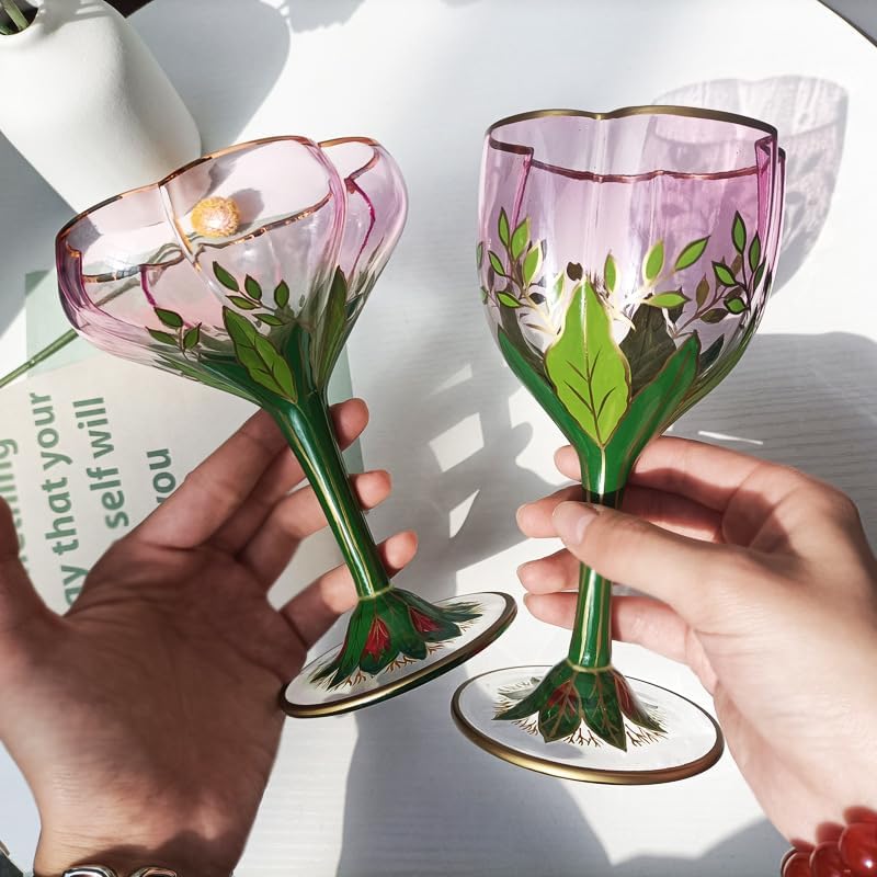 Austrian Medieval Stemware & Dessert Set: Hand-Painted Floral Champagne/Wine Glasses + Ice Cream Bowls for Weddings, Parties & Holidays(Champagne glass)