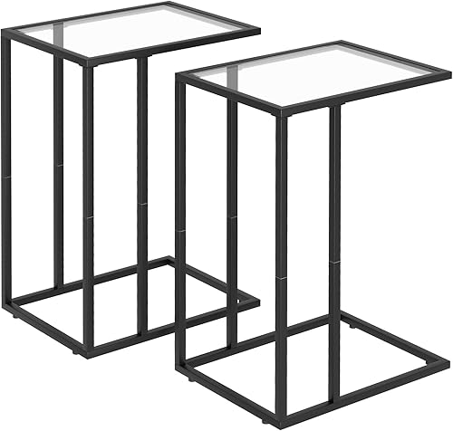 Juego de 2 mesas auxiliares en forma de C, mesa auxiliar para sofá, mesa auxiliar de vidrio templado con marco de metal para espacios pequeños, sala