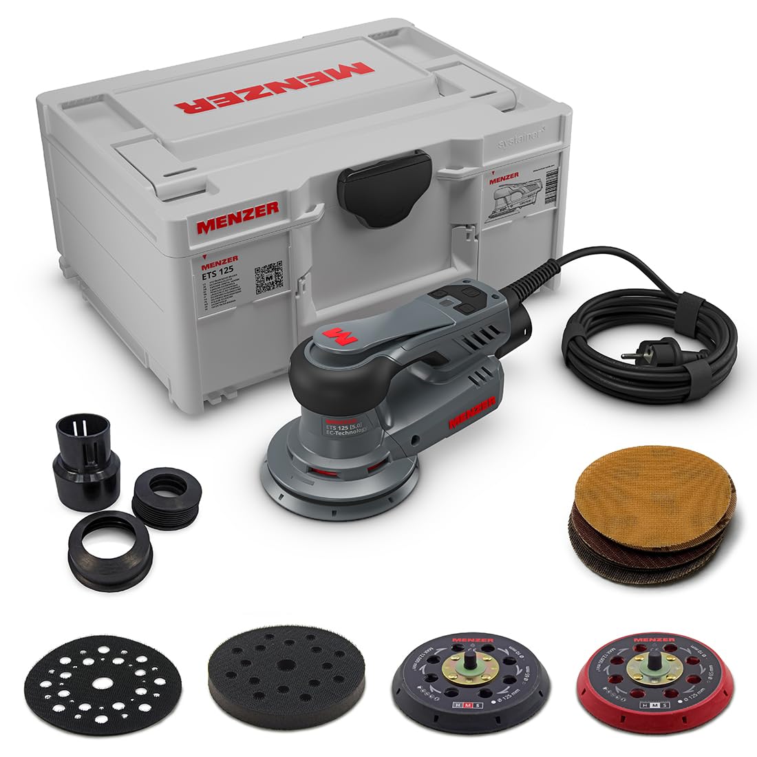 MENZER Levigatrice Rotorbitale ETS 125 5.0 (Levigatura Grossolana e Intermedia) incl. systainer³, 3 Plastrelli, Protezione Multi-Foro, Interface Pad, Dischi Abrasivi