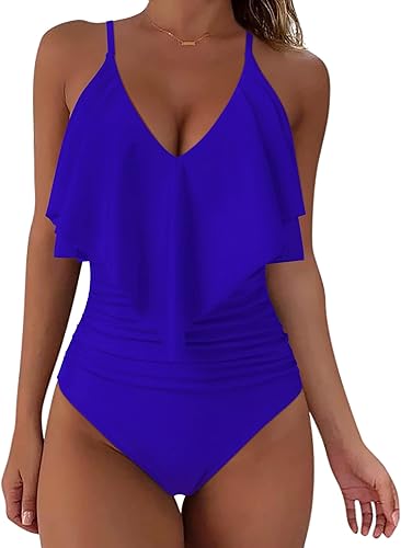 SUUKSESS Trajes de baño de una pieza con volantes adelgazantes para mujer, con control de abdomen y fruncido