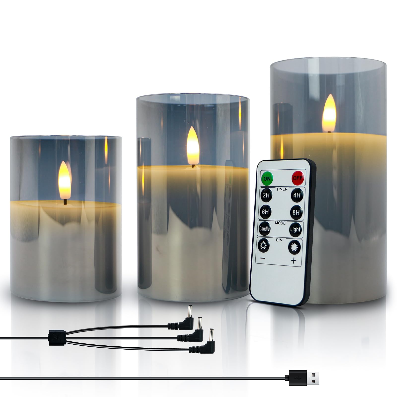 SHEDALED Rechargable Flameless Candles with Timer & Remote Control, Built-in Battery LED Candle, Gray Glass Candles Gift Set, Set of 3 Pillar Flickering Candle of 4.1" 5.1" 6.1" for Home Decor โ image 1