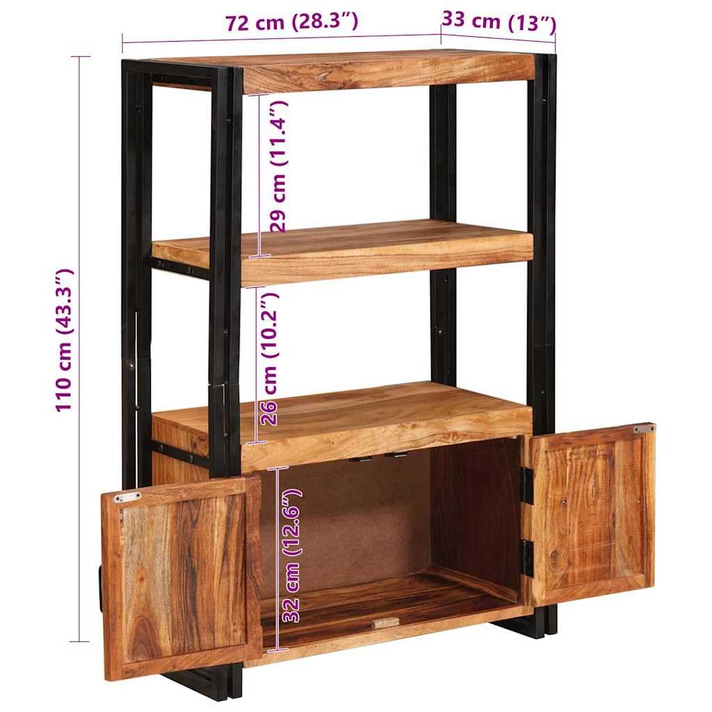 Libreria con ante marrone, in legno massello di acacia e metallo, 72 x 33 x 110 cm, scaffale da appoggio, accessorio per soggiorno e ufficio, design robusto, versatile, materiali durevoli