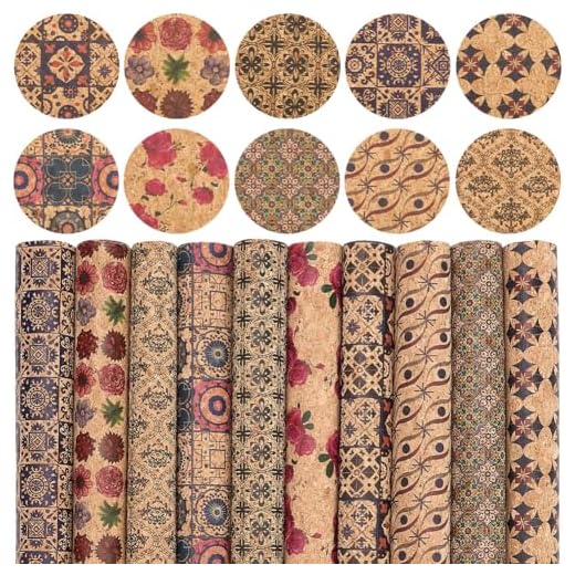 CALFOVERA 10 Style 32 x 20cm Feuilles de Cuir PU en Liège Coloré Tissu Fin et Doux Texture Naturelle Cuir Grain de Bois Floral Boho Synthétique Rétro Similicuir Matériau d'emballage pour Boucles