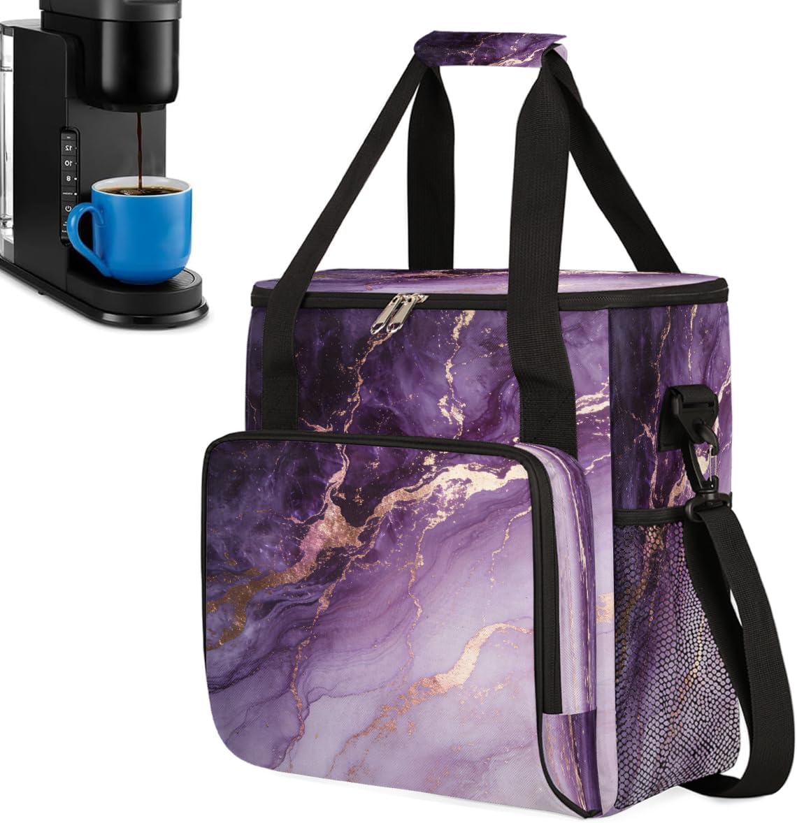 Lavender Marble Portable Coffee Maker Carrying Bag Compatible with Keurig K-Mini/K-Mini Plus - Travel Storage Tote with K-Cup Pod Pockets for Single Serve Coffee Brewer