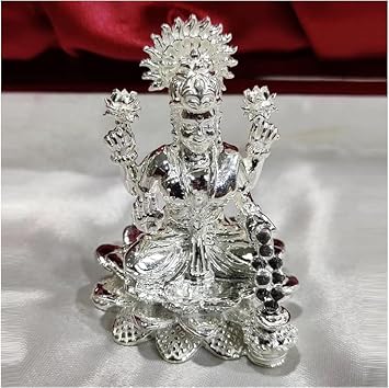 Goddess Laxmi Idol in Pure 925 Silver/Goddess Lakshmi Statue in Silver Hindu Religion God Sculpture 2.30 Inch 164 GMS