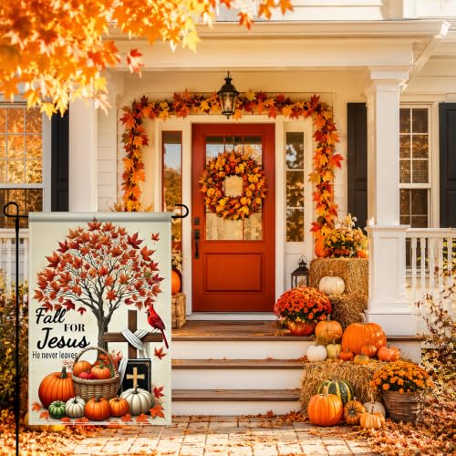 Image of BlissYard Fall for Jesus Garden Flag Christian Cross Pumpkin 12x18 Inch | Double sided polyester, Fall for Jesus cross pumpkin design, cozy Christian decor for Thanksgiving porch and yard