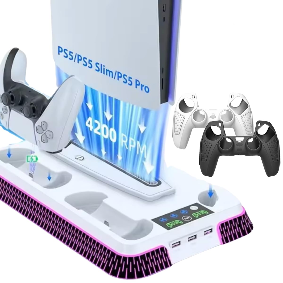 Supporto verticale per PS5 Slim Pro RGB Base Stazione di Raffreddamento con Ventilazione e Illuminazione, Ricarica per 2 Mando, Include 2 Protezioni Antiscivolo per Telecomando Regalo
