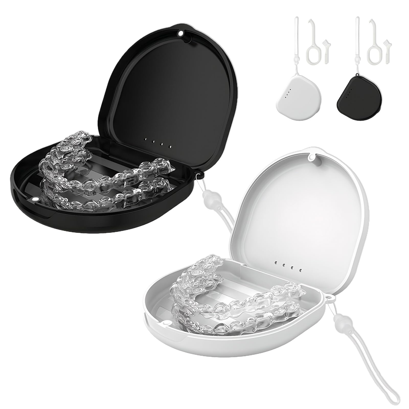Funda Ferula Dental 2 PCS Caja Dentadura Postiza con Correa de Silicona y Herramientas de Extracción Negro Blanco