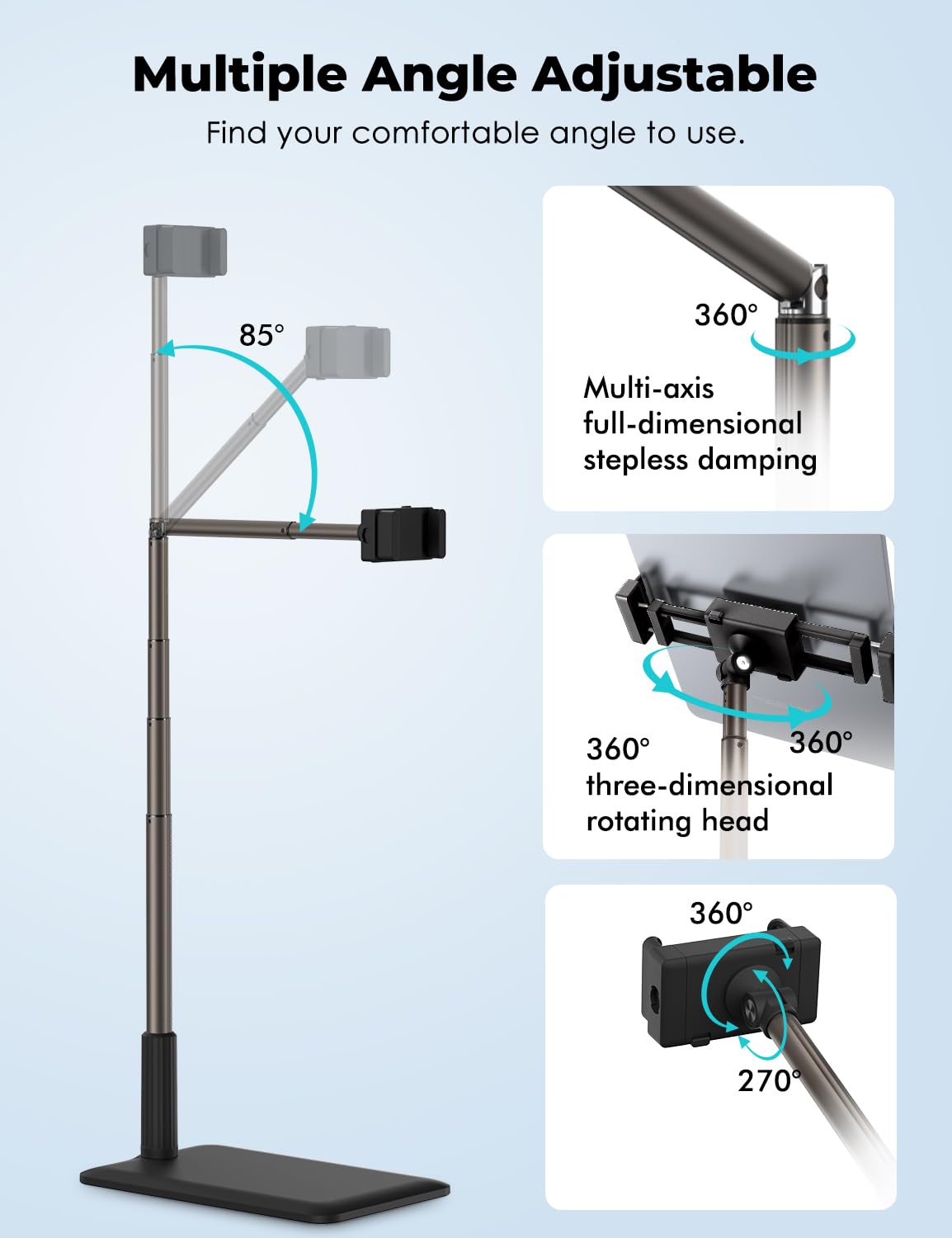 Viozon Supporto da pavimento per tablet e telefono, flessibile a braccio lungo, angolo regolabile a 360°, in lega di alluminio, comodino, divano, tavolo, scrivania, compatibile con iPad, Kindle,