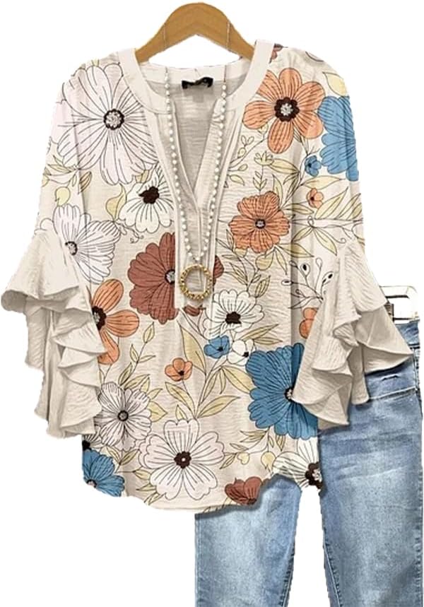 DEPENSL Womens Blouses Dressy Casual Boho Floral Printed 3/4 Ruffle Tops Trendy 2026